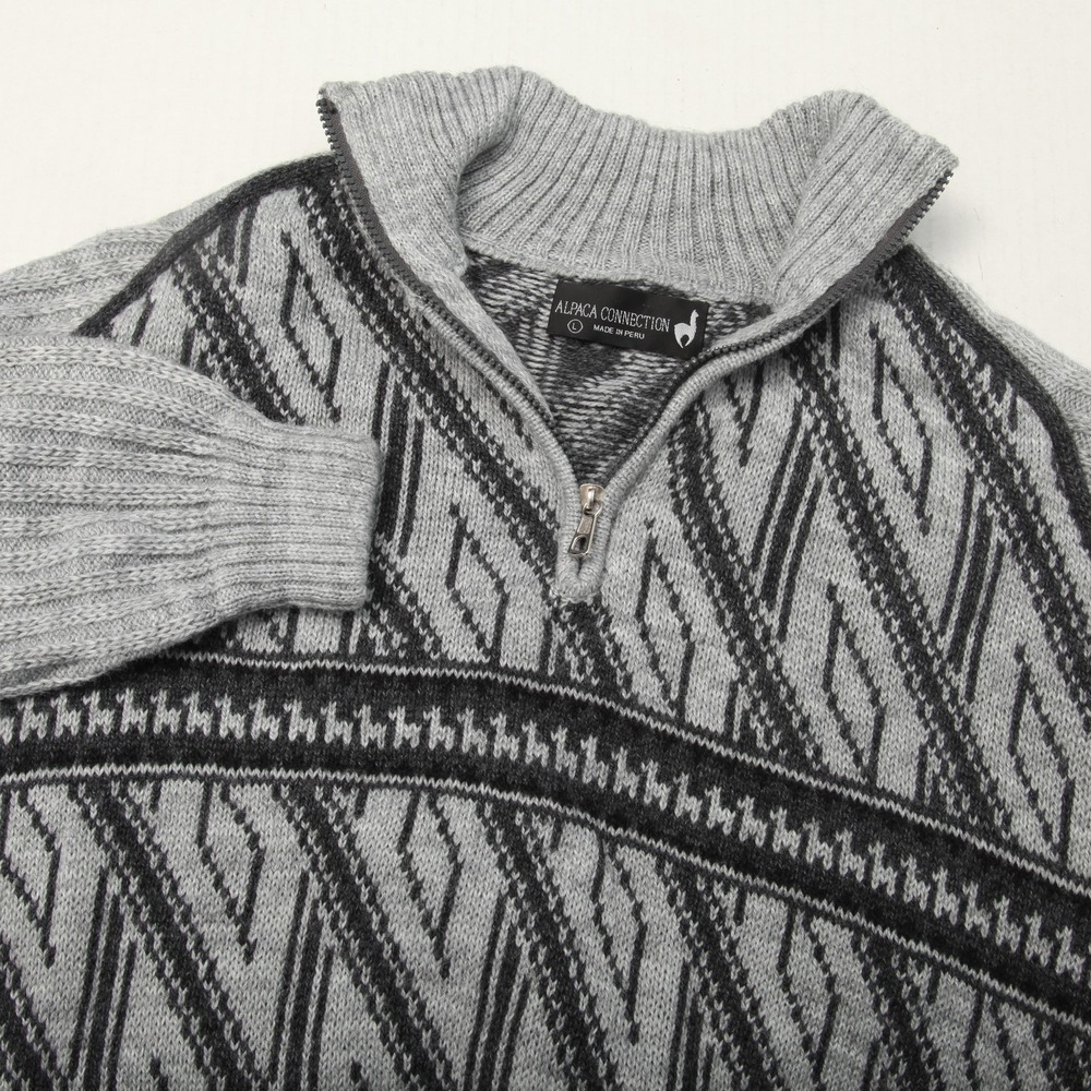 Alpaca Connection Sweater Mens Large Gray Half Zip Mock Neck Geometric Knit